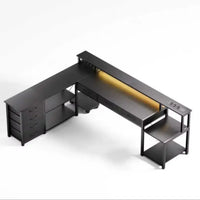 Bureau d'Angle Réversible Noir avec 7 Tiroirs et LED Connectée