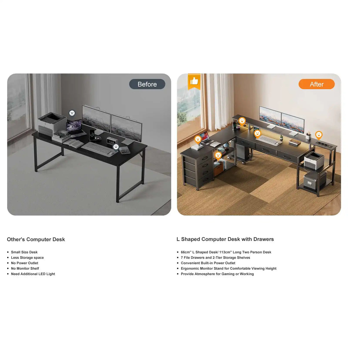 Bureau d'Angle Réversible Noir avec 7 Tiroirs et LED Connectée