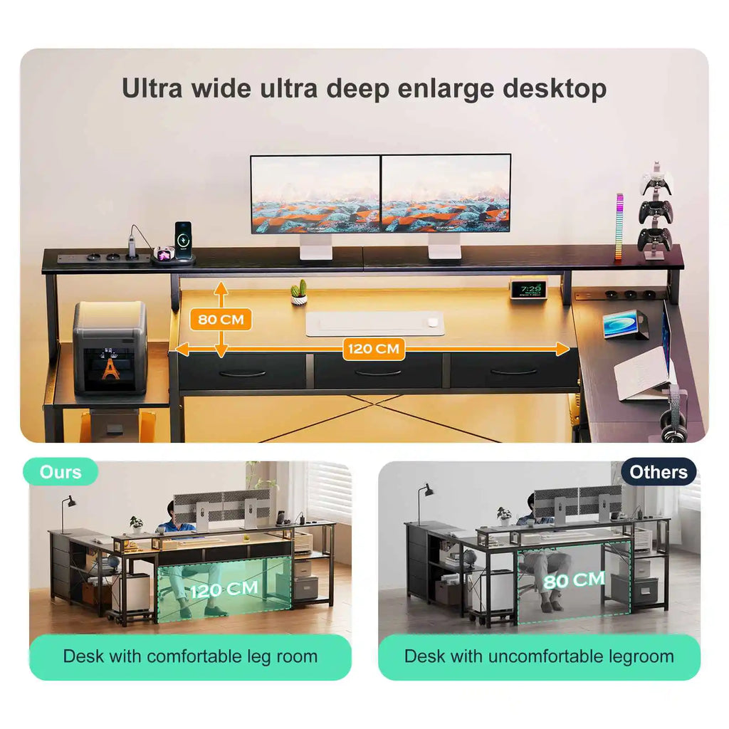Bureau d'Angle Réversible Noir avec 7 Tiroirs et LED Connectée
