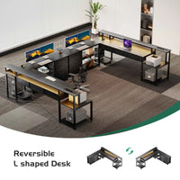 Bureau d'Angle Réversible Noir avec 7 Tiroirs et LED Connectée