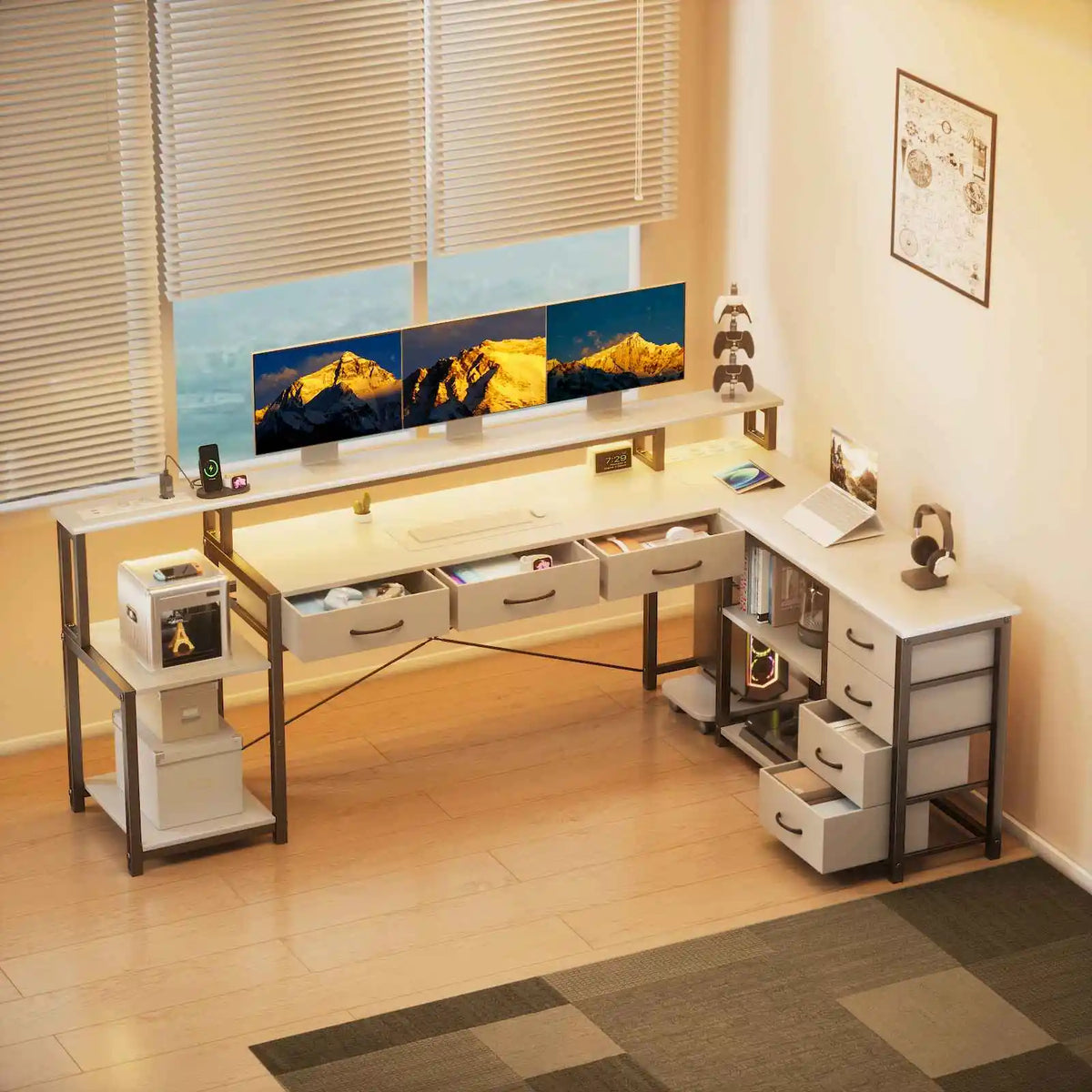 Bureau d'Angle Réversible Noir avec 7 Tiroirs et LED Connectée