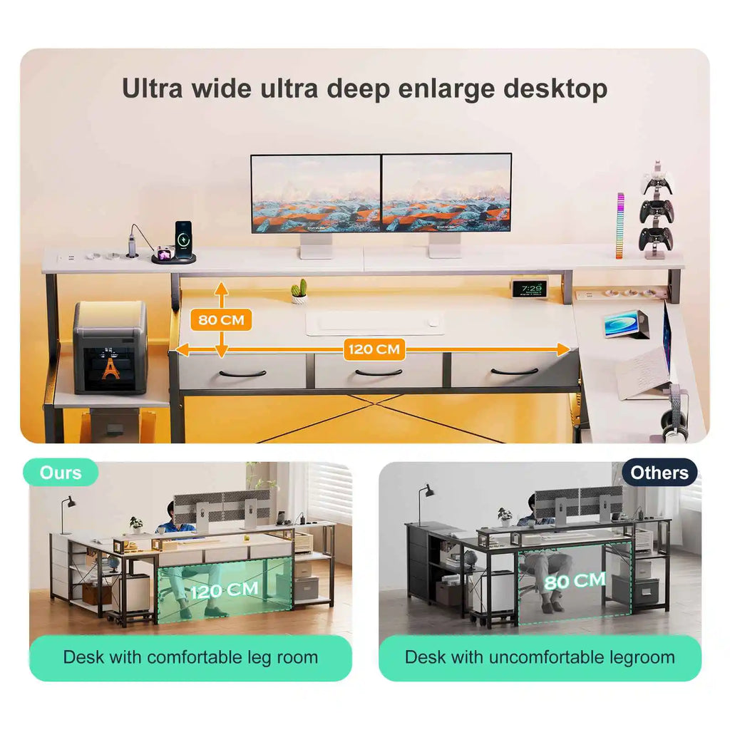 Bureau d'Angle Réversible Noir avec 7 Tiroirs et LED Connectée