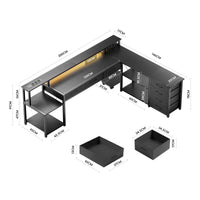 Bureau d'Angle Réversible Noir avec 7 Tiroirs et LED Connectée