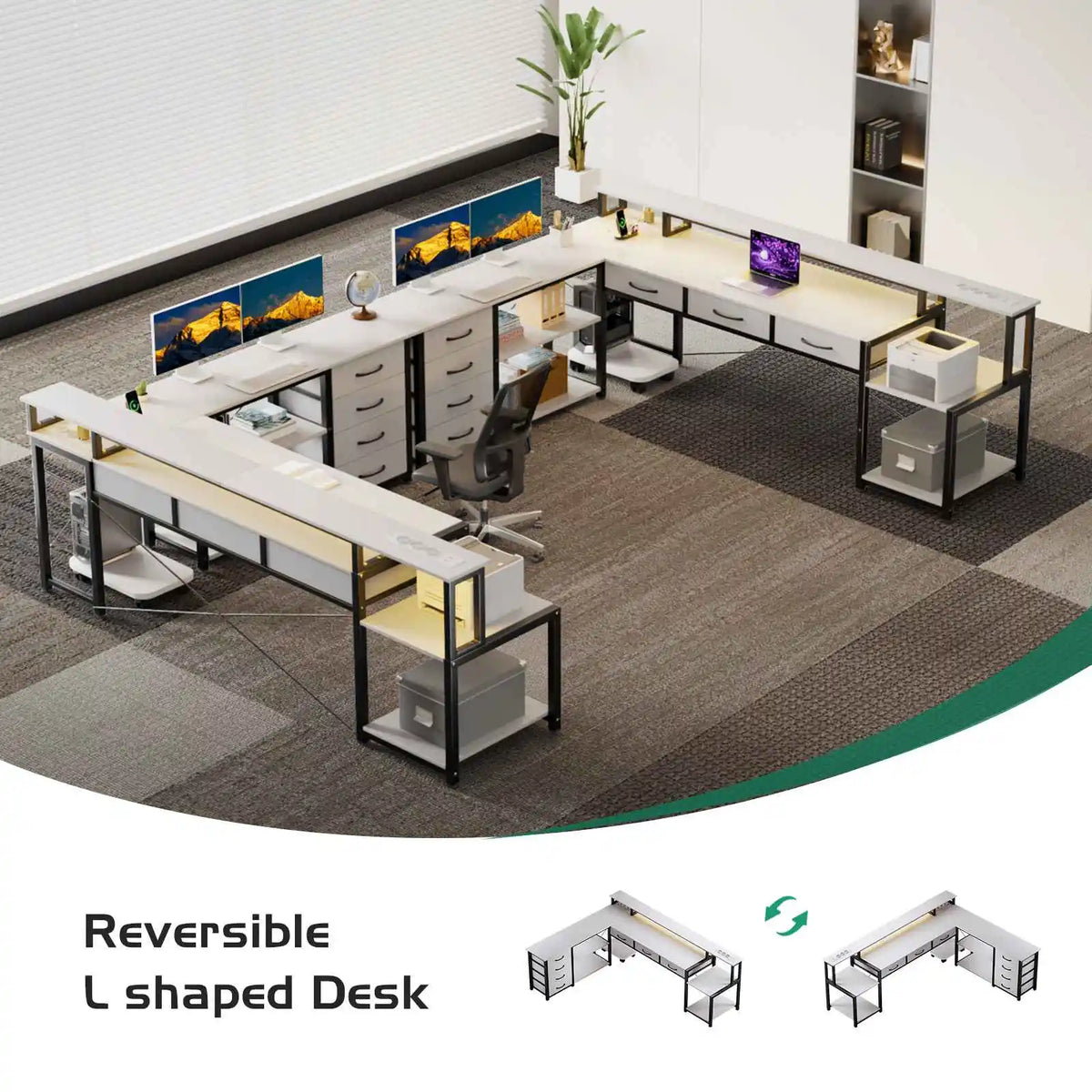 Bureau d'Angle Réversible Noir avec 7 Tiroirs et LED Connectée