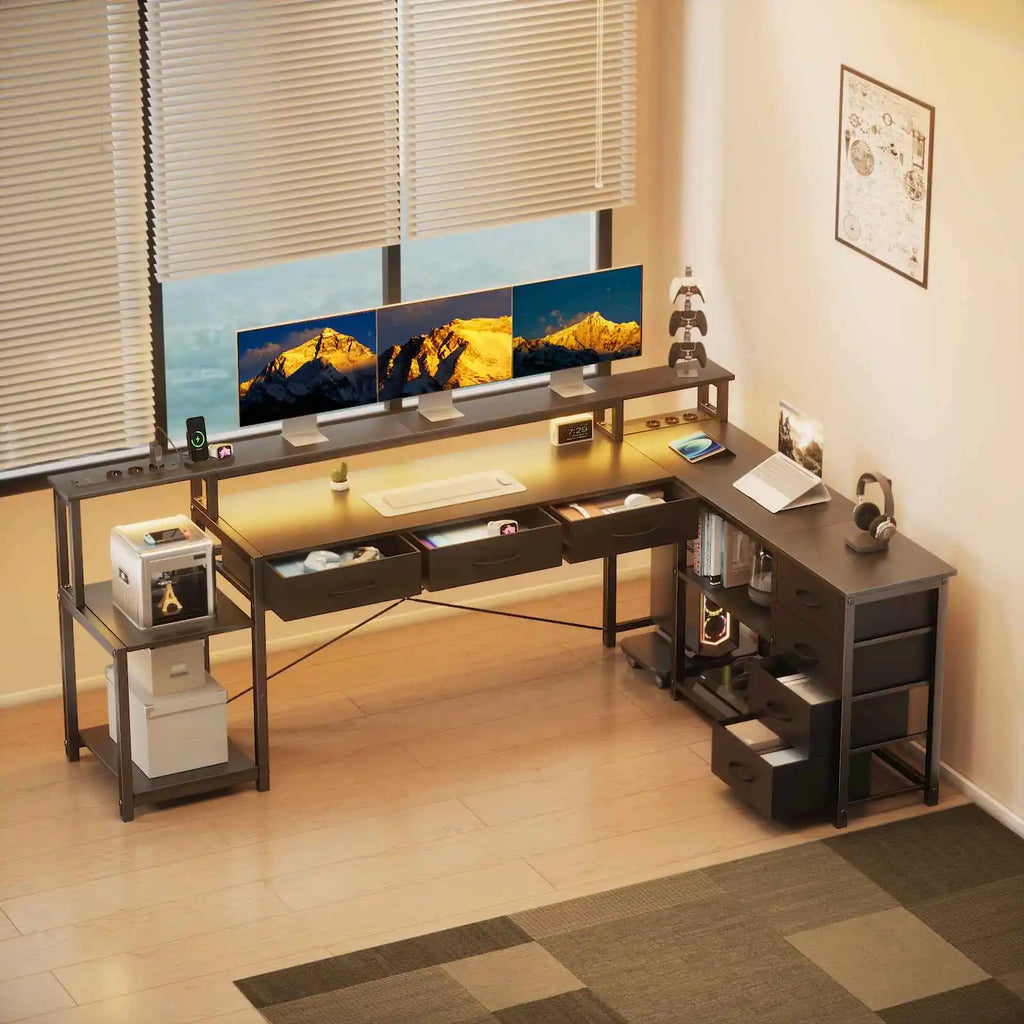 Bureau d'Angle Réversible Noir avec 7 Tiroirs et LED Connectée