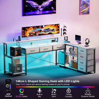Bureau d'Angle Réversible Noir avec 7 Tiroirs et LED Connectée