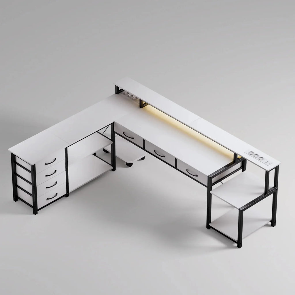Bureau d'Angle Réversible Noir avec 7 Tiroirs et LED Connectée