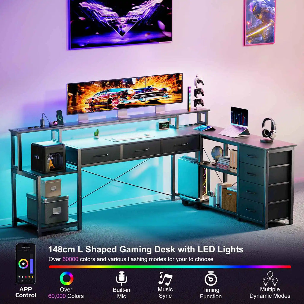Bureau d'Angle Réversible Noir avec 7 Tiroirs et LED Connectée