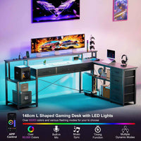 Bureau d'Angle Réversible Noir avec 7 Tiroirs et LED Connectée