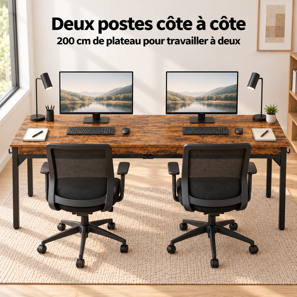 Bureau double 200 cm aménagé en deux postes de travail côte à côte avec deux écrans