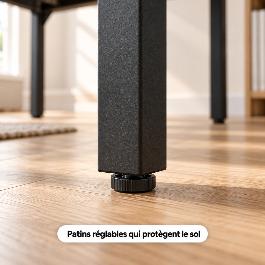Gros plan sur le patin réglable d'un pied en métal noir du bureau double, posé sur un parquet