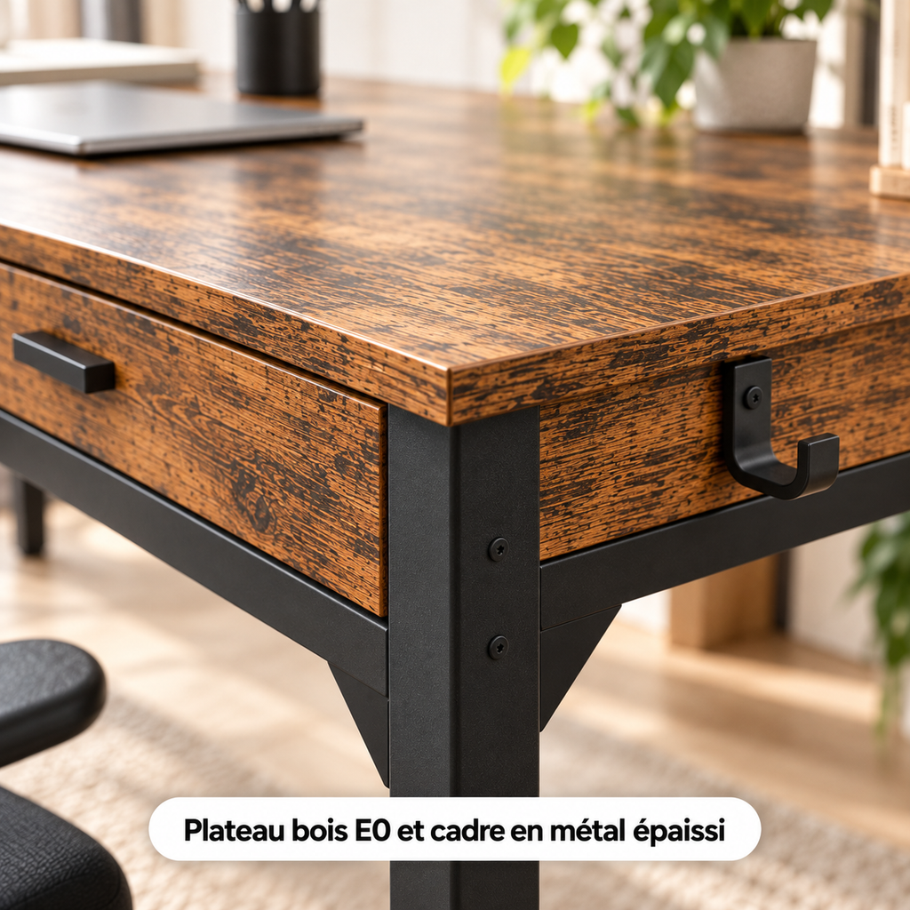 Gros plan sur le plateau bois marron rustique et le cadre en métal noir du bureau double