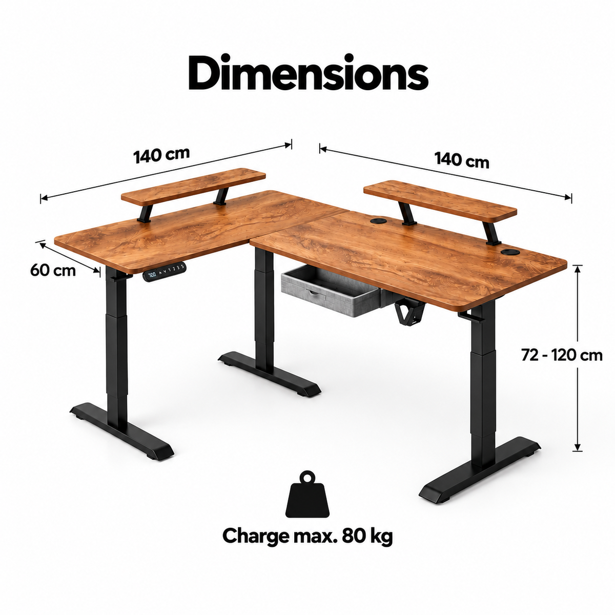 Dimensions du bureau d'angle électrique : 140 x 140 cm, profondeur 60 cm, hauteur 72 à 120 cm, charge max. 80 kg