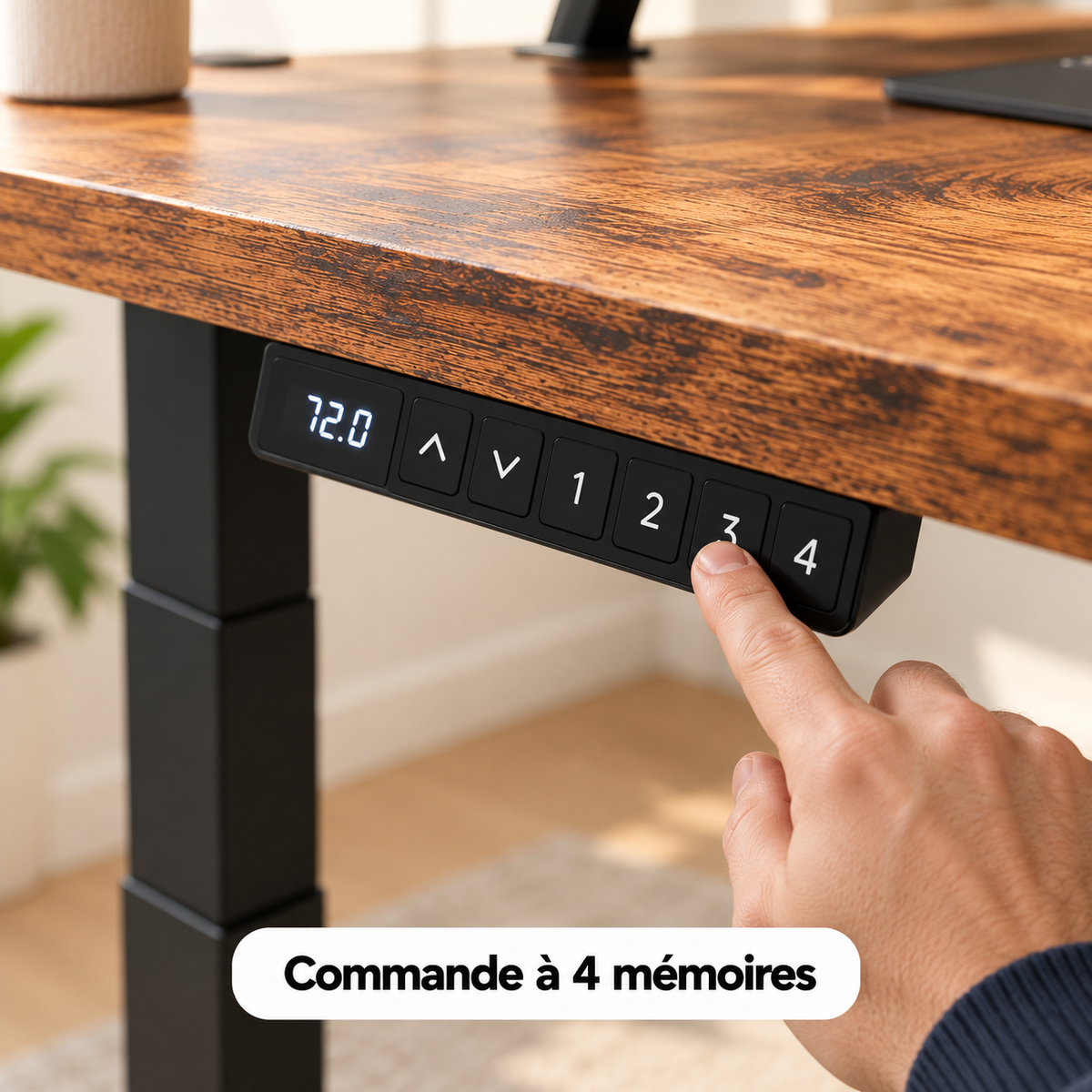 Gros plan sur la commande à écran LED et 4 mémoires du bureau d'angle électrique