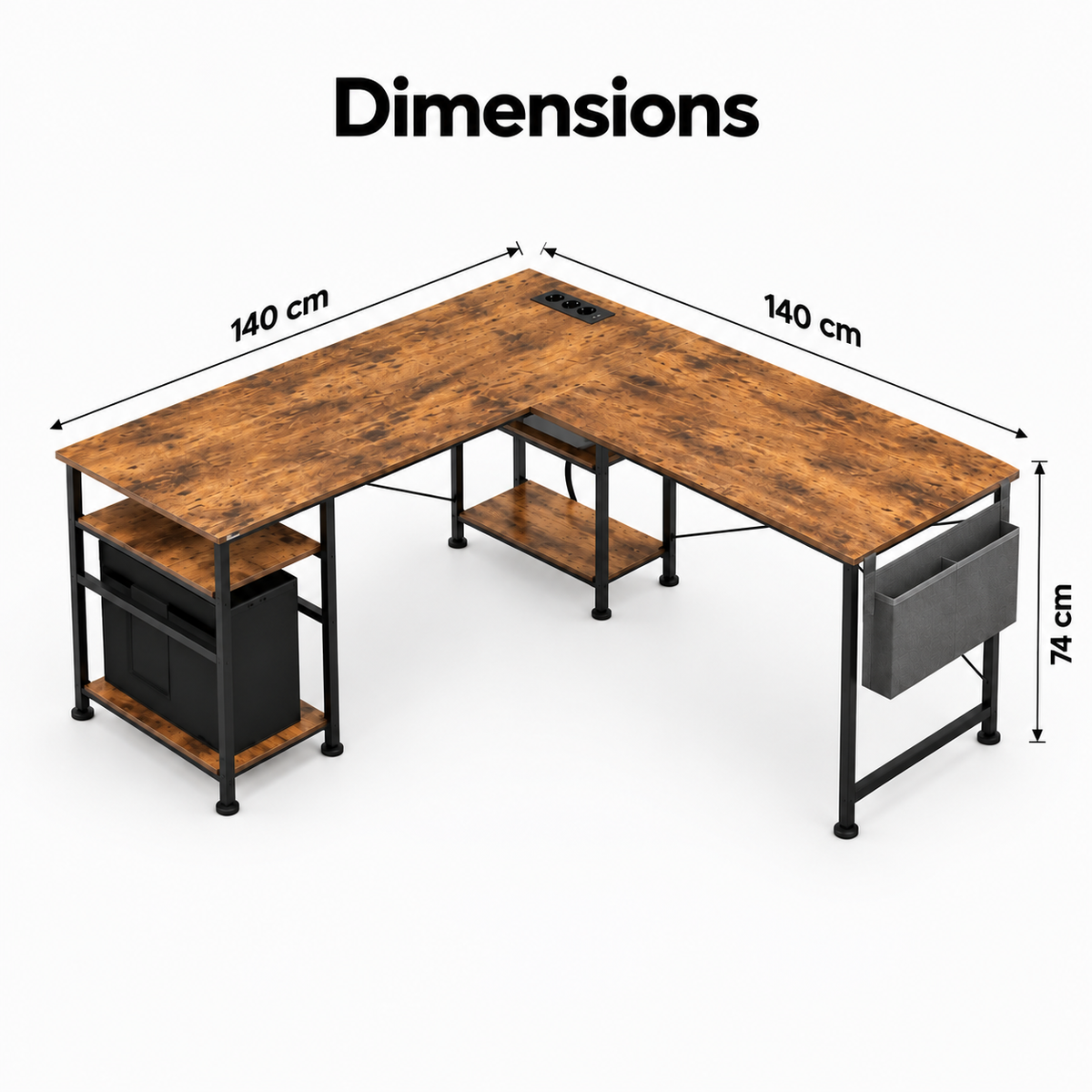 Dimensions du bureau d'angle modulable : 140 x 140 cm, hauteur 74 cm