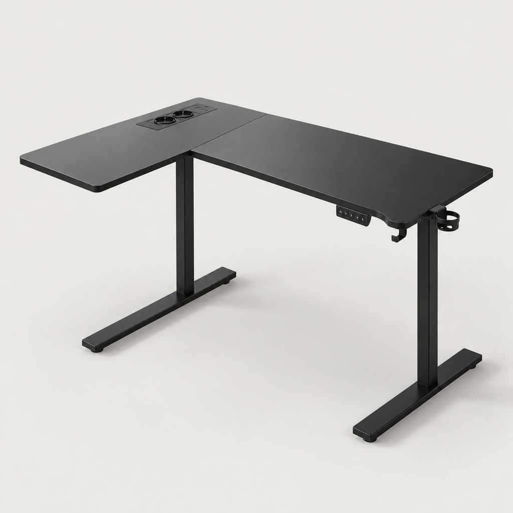 Bureau d'angle assis-debout 160 x 120 cm noir avec prises intégrées, vue de trois quarts sur fond gris clair