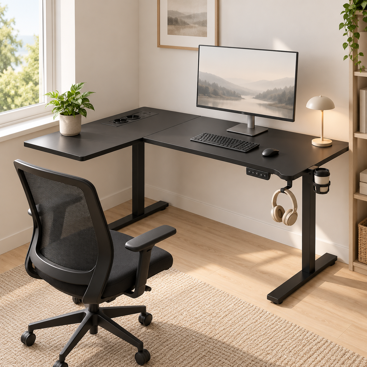 Bureau d'angle assis-debout 160 x 120 cm noir installé dans l'angle d'un bureau à domicile lumineux
