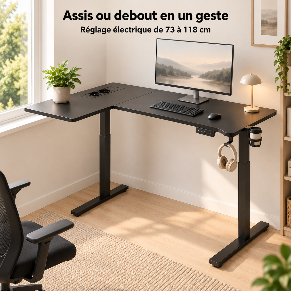Bureau d'angle assis-debout 160 x 120 cm noir relevé en position debout dans un bureau lumineux
