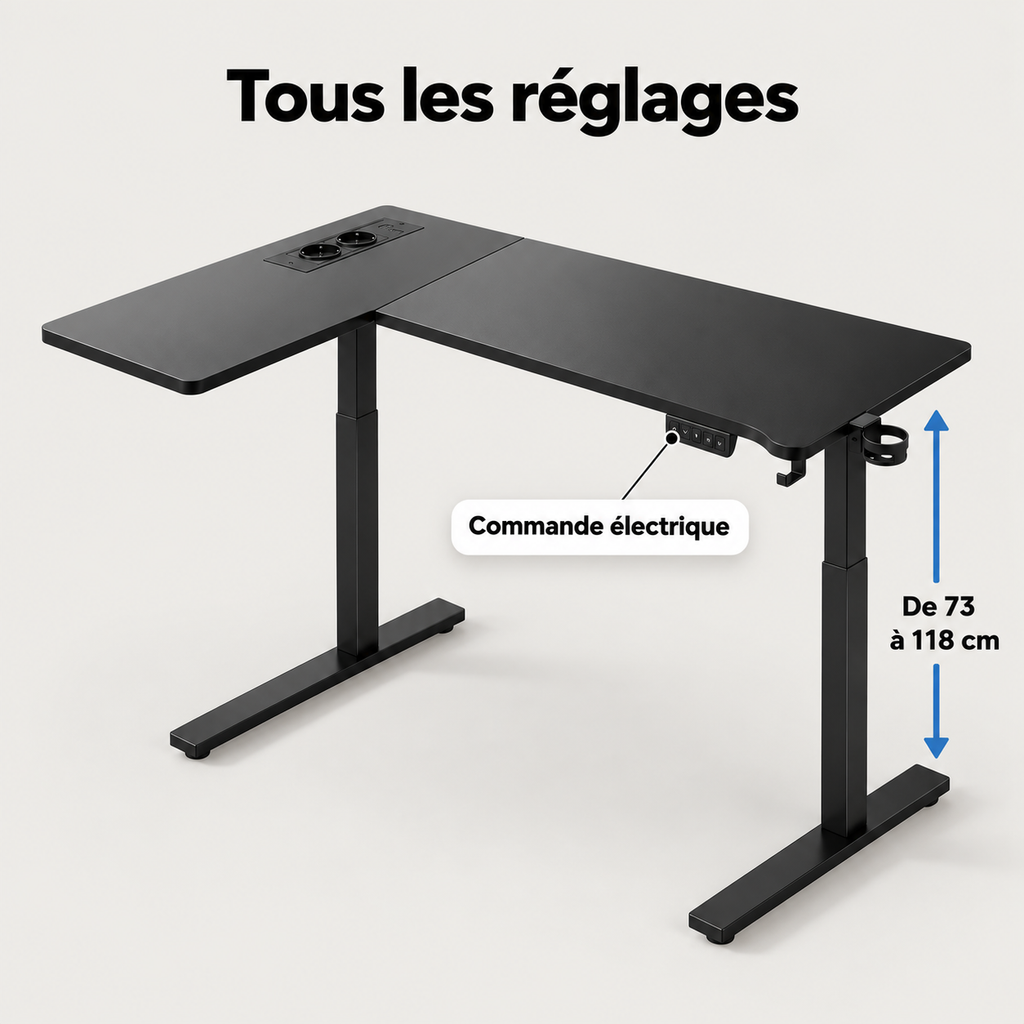 Réglage électrique de la hauteur du bureau d'angle de 73 à 118 cm