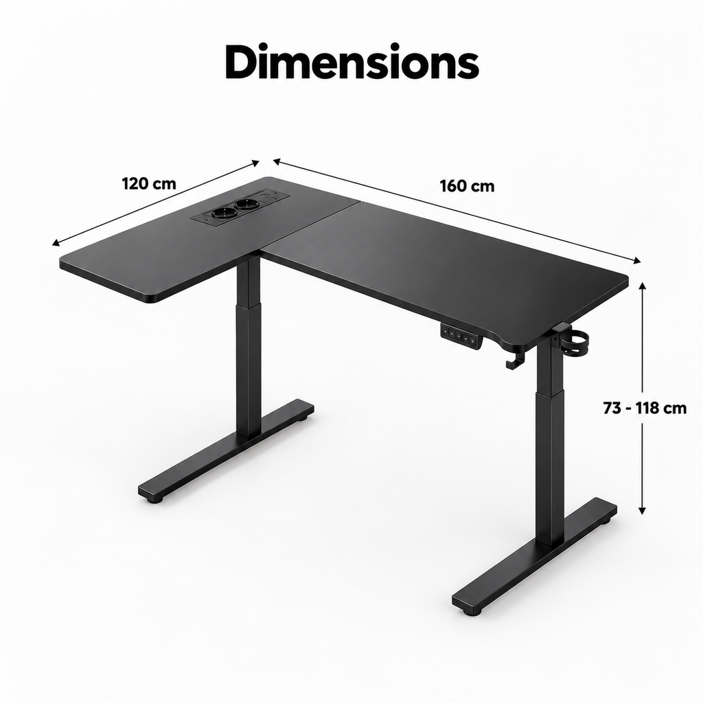 Dimensions du bureau d'angle assis-debout : 160 x 120 cm, hauteur 73 à 118 cm