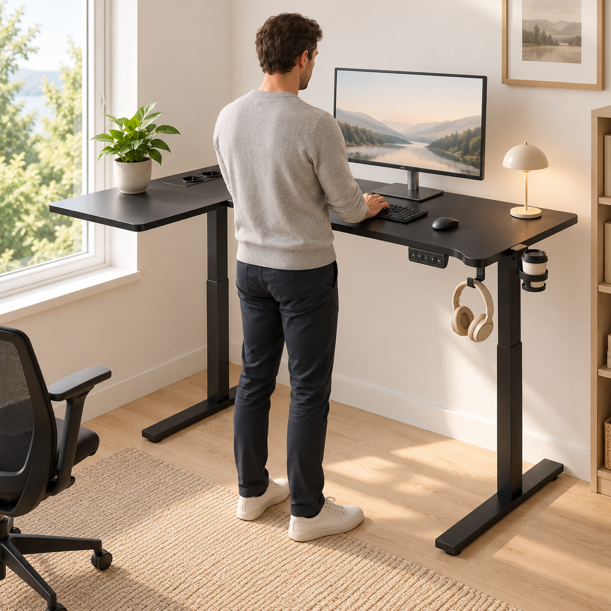 Homme travaillant debout au bureau d'angle assis-debout noir, vu de dos