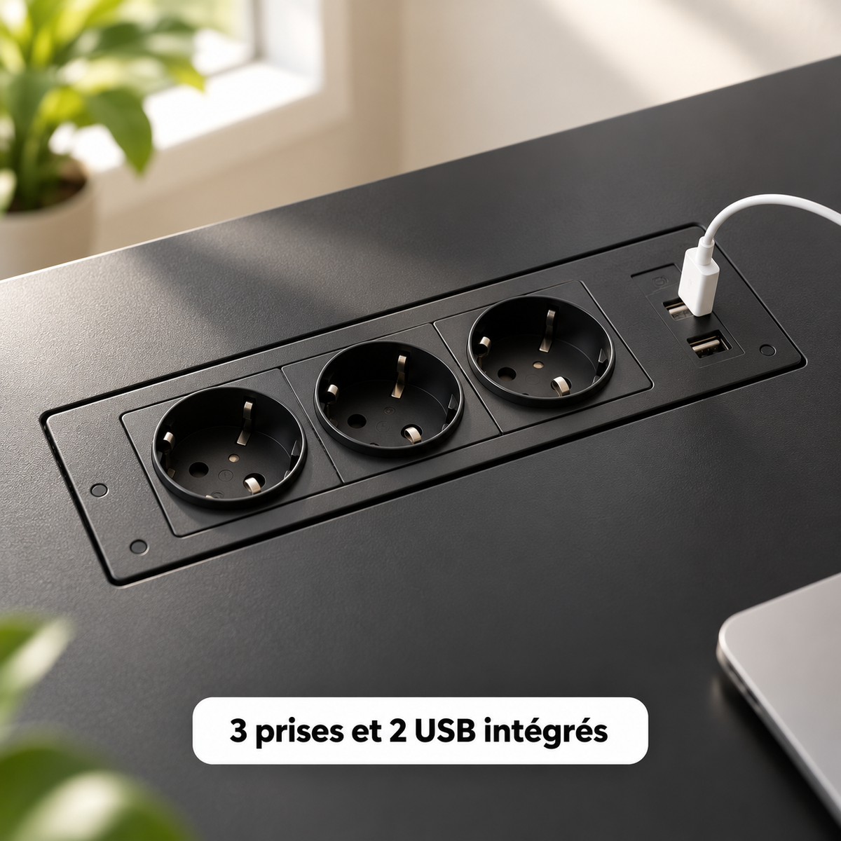 Gros plan sur le bloc de 3 prises et 2 ports USB intégré au plateau noir