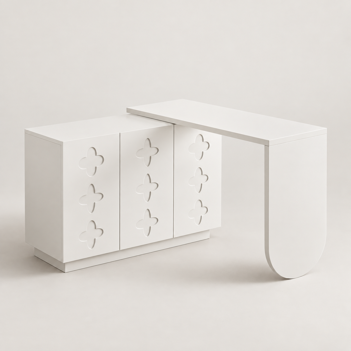 Bureau d'angle pivotant 110 cm blanc avec rangements, vue de trois quarts sur fond gris clair