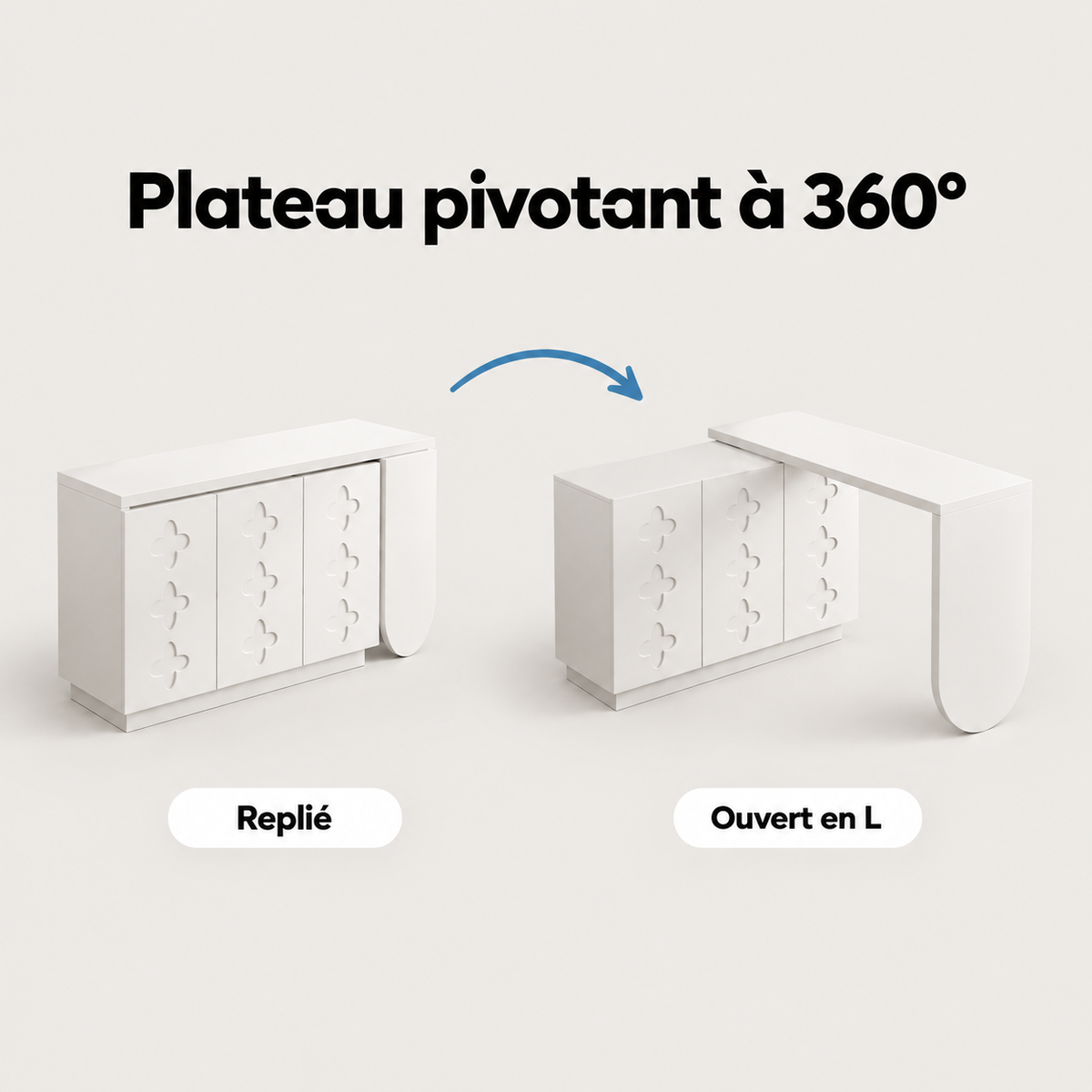 Plateau pivotant à 360° du bureau d'angle blanc : replié ou ouvert en L