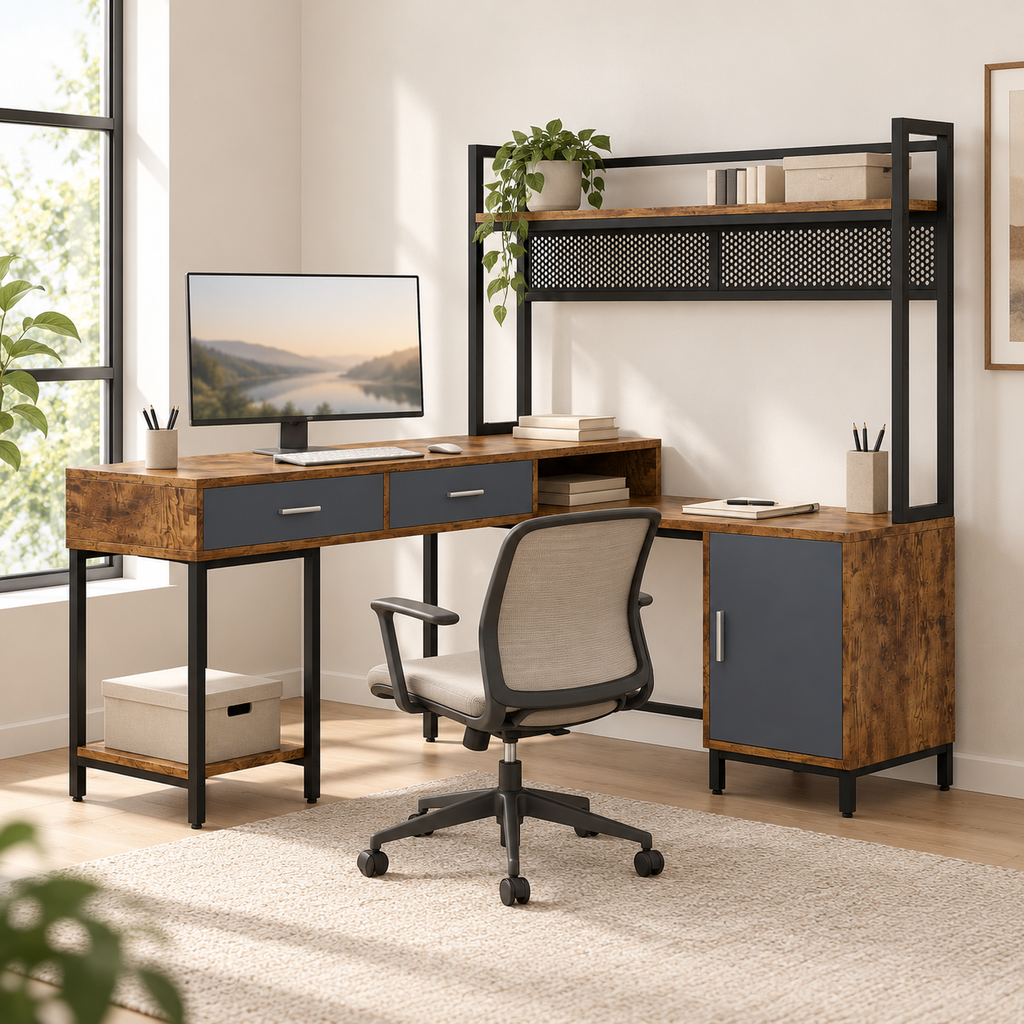 Bureau d'angle industriel en L 140 x 140 cm installé dans un bureau à domicile lumineux