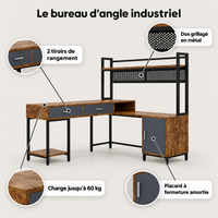 Points forts du bureau d'angle industriel : 2 tiroirs, placard à fermeture amortie, dos grillagé en métal, charge jusqu'à 60 kg