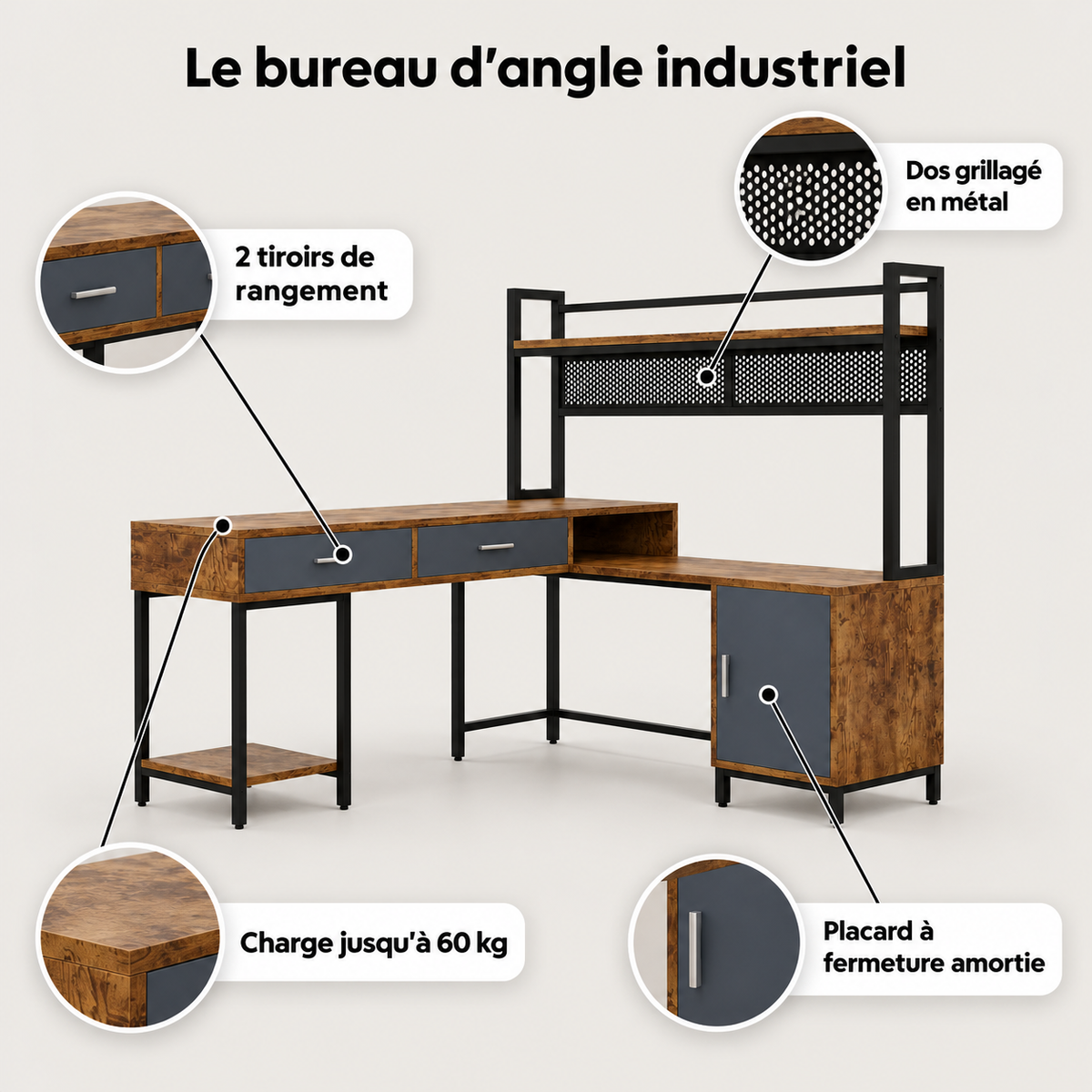 Points forts du bureau d'angle industriel : 2 tiroirs, placard à fermeture amortie, dos grillagé en métal, charge jusqu'à 60 kg