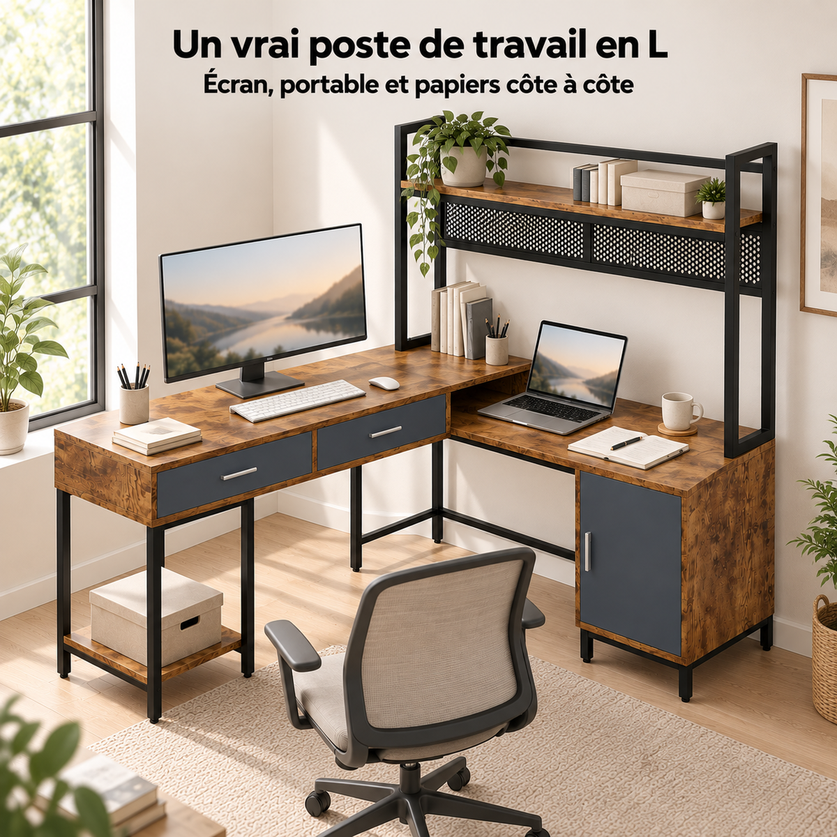 Bureau d'angle industriel en L 140 x 140 cm aménagé avec un écran, un ordinateur portable et des papiers