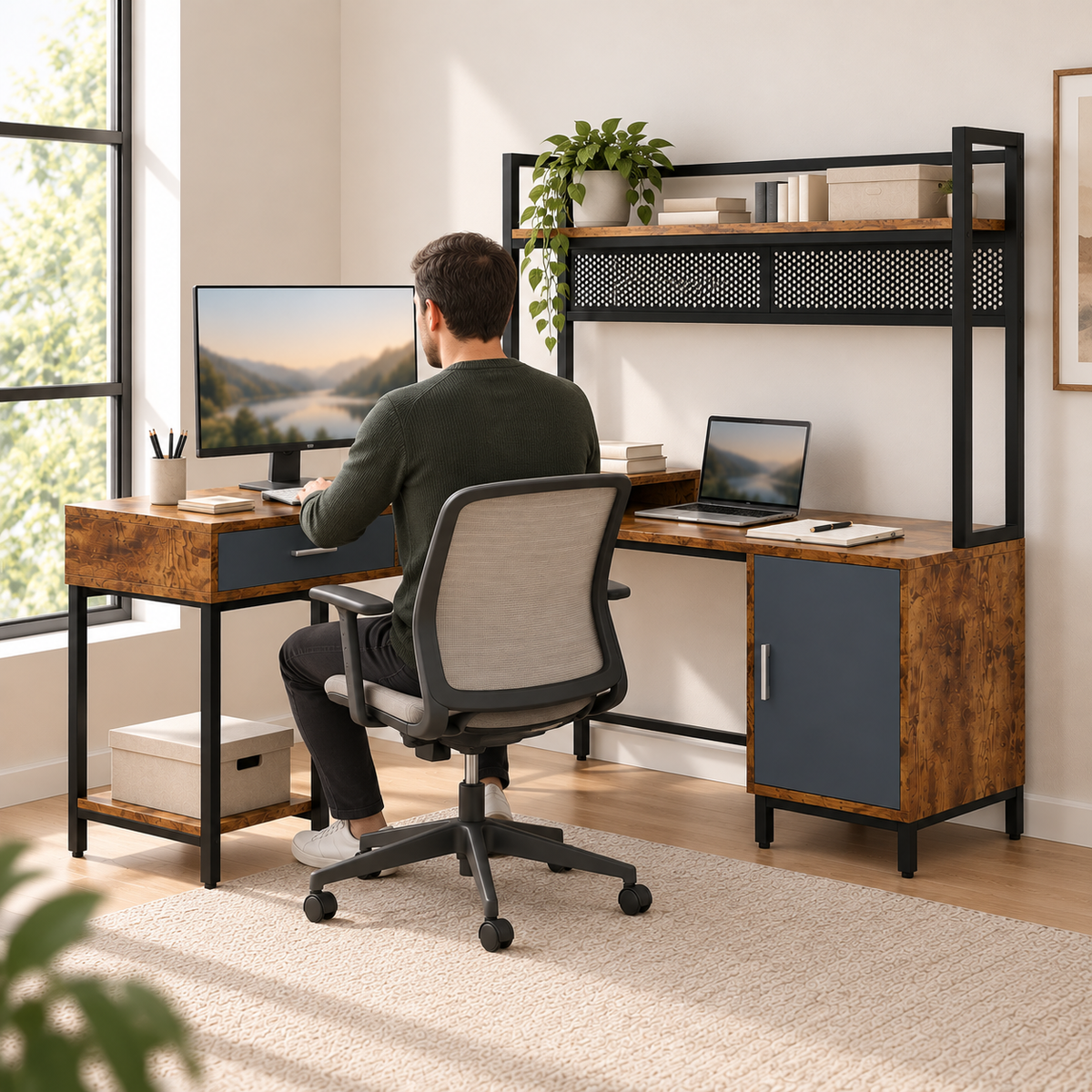 Homme travaillant assis au bureau d'angle industriel, vu de dos