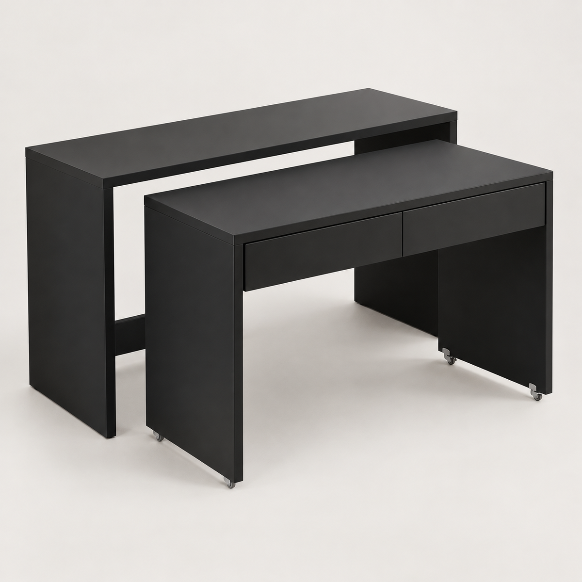 Bureau extensible 2 en 1 noir avec table mobile, vue de trois quarts sur fond gris clair