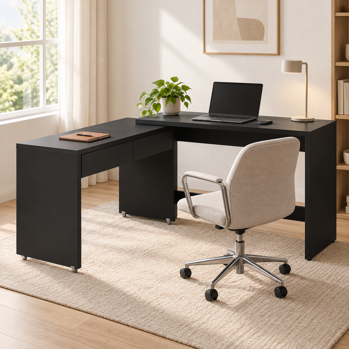 Bureau extensible 2 en 1 noir installé en L dans un bureau à domicile lumineux