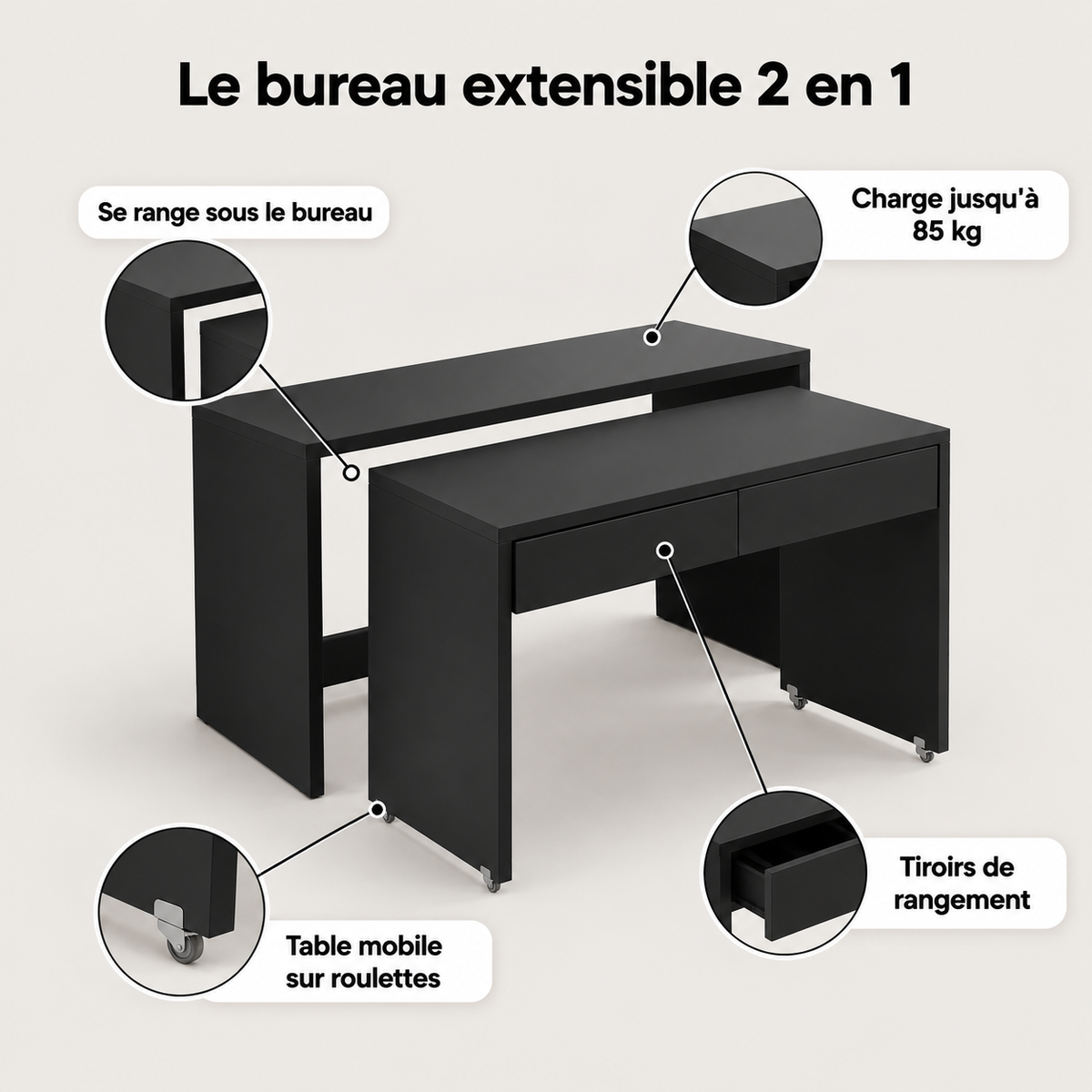 Points forts du bureau extensible 2 en 1 : table mobile sur roulettes, tiroirs, charge jusqu'à 85 kg, se range sous le bureau