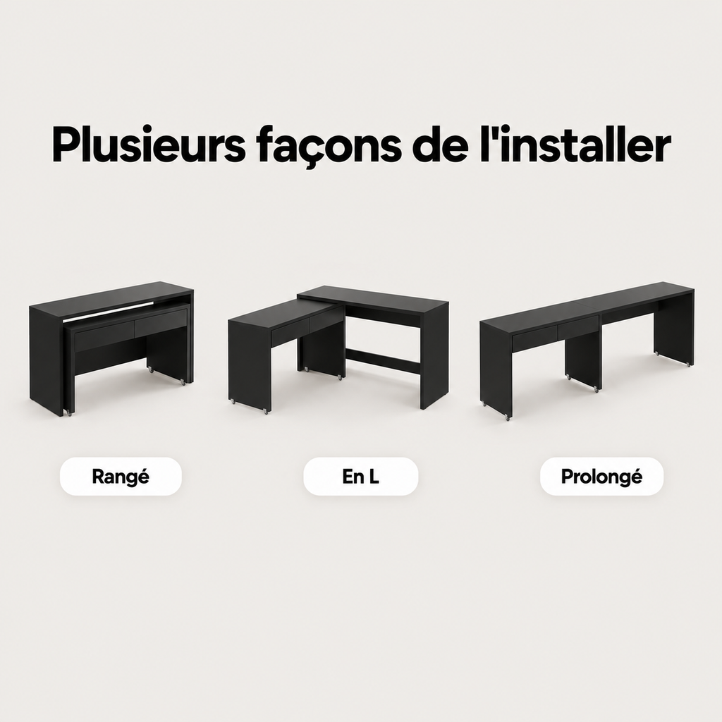 Configurations du bureau extensible 2 en 1 : rangé, en L ou prolongé