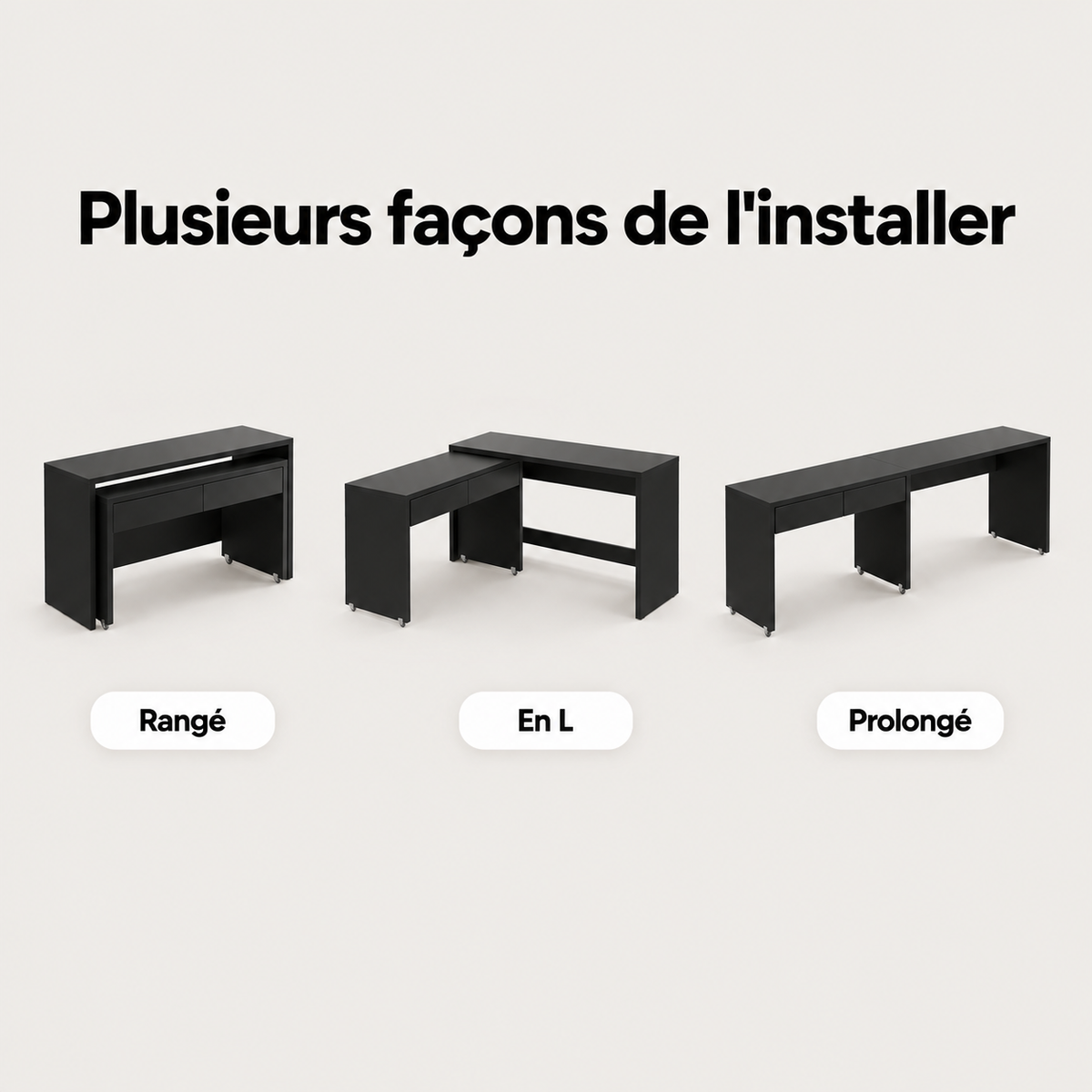 Configurations du bureau extensible 2 en 1 : rangé, en L ou prolongé