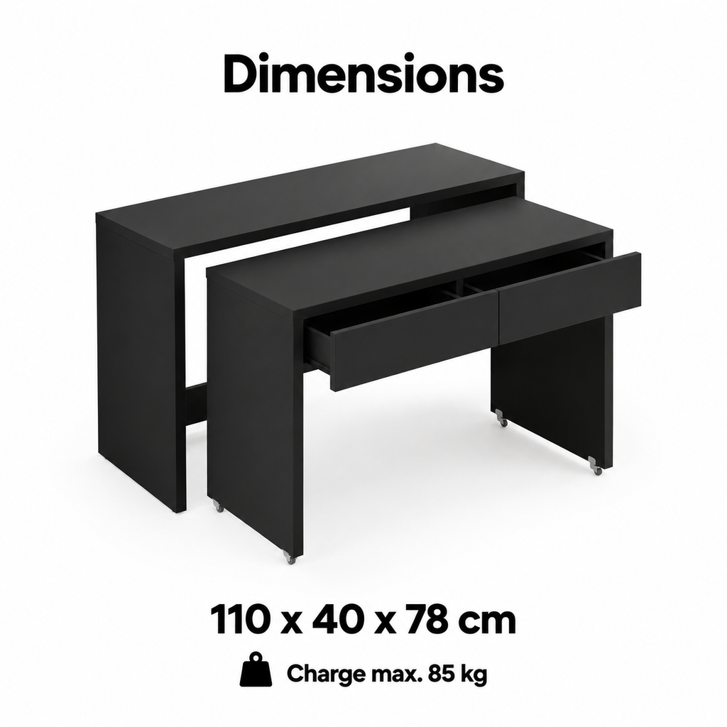 Dimensions du bureau extensible 2 en 1 : 110 x 40 x 78 cm, charge max. 85 kg