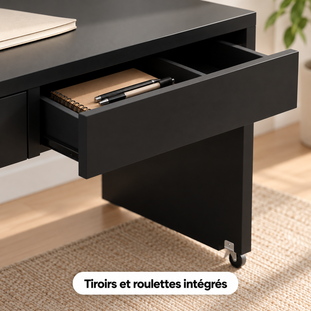 Gros plan sur le tiroir et les roulettes de la table mobile du bureau extensible