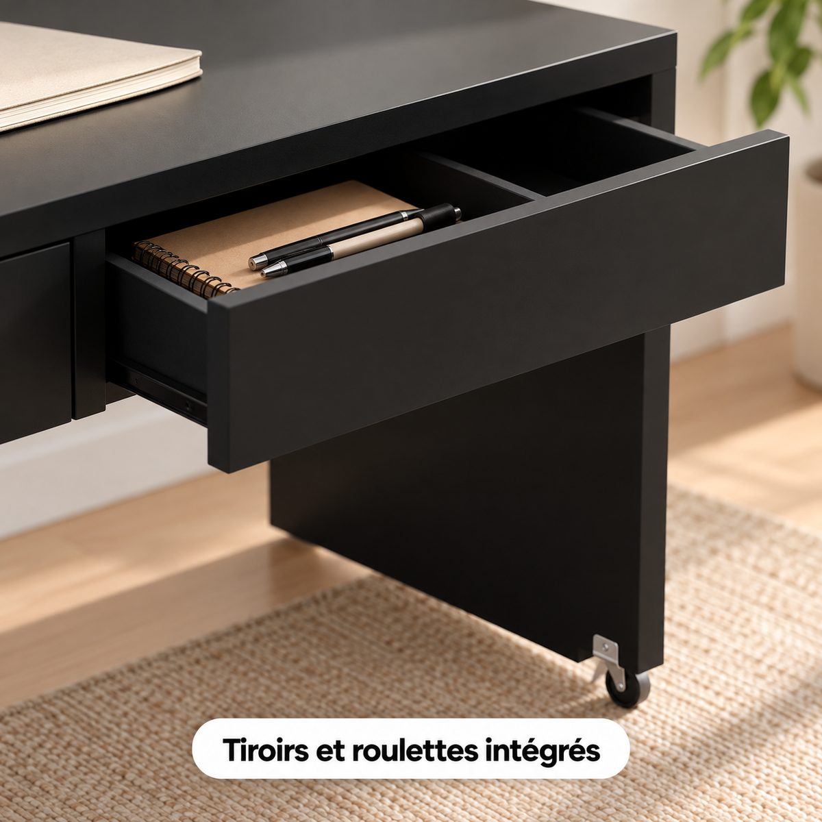 Gros plan sur le tiroir et les roulettes de la table mobile du bureau extensible