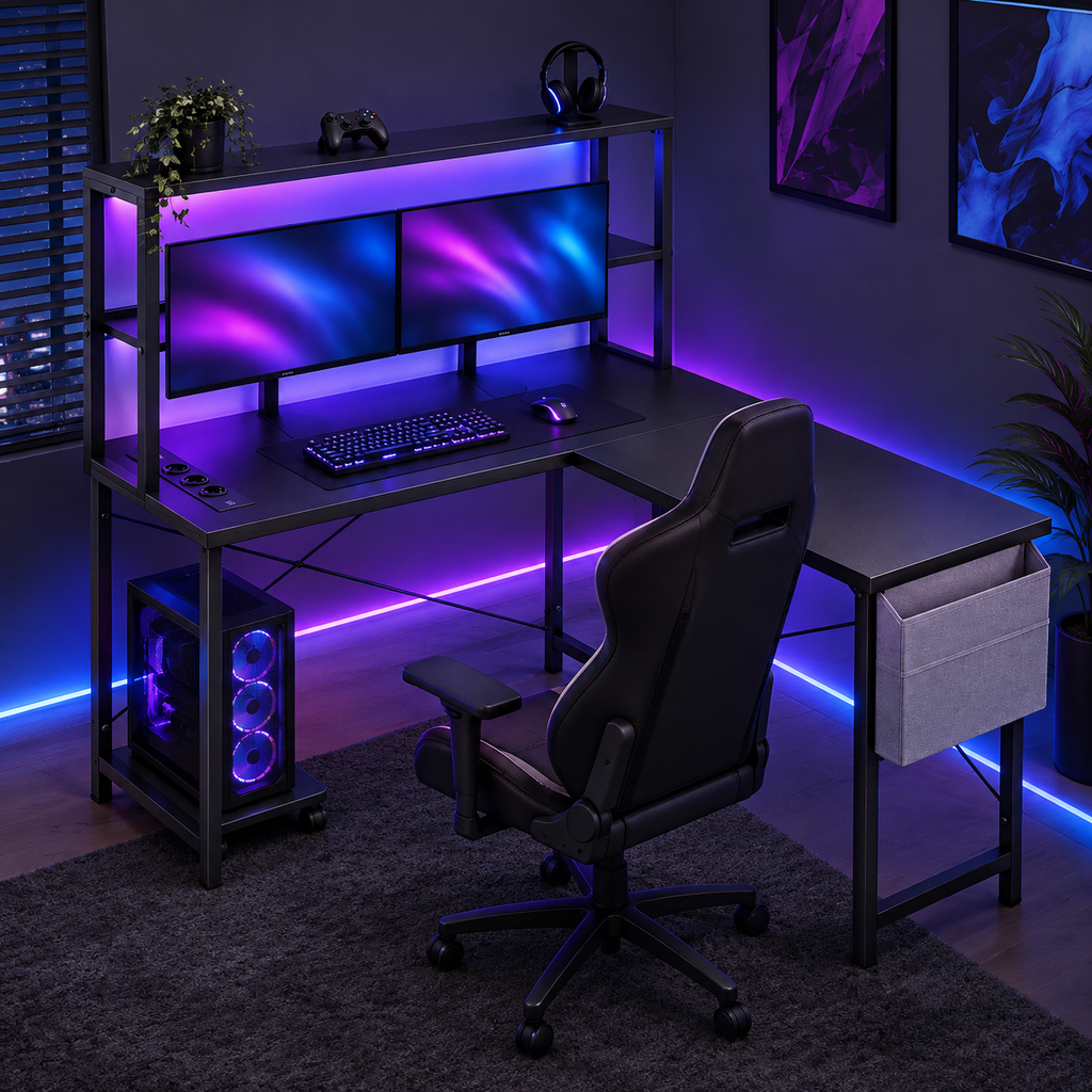 Bureau d'angle gaming en L 148 cm noir installé dans une chambre gaming éclairée en LED violet et bleu