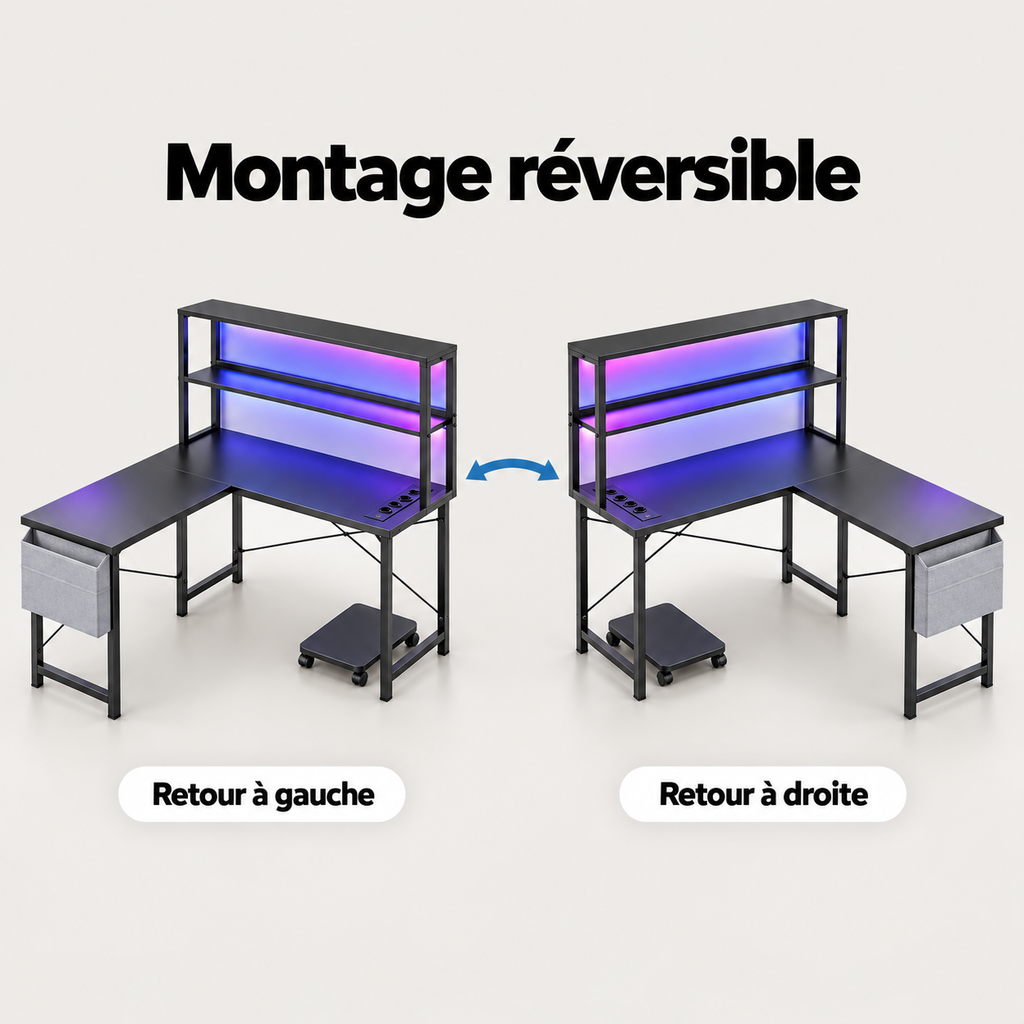 Montage réversible du bureau gaming d'angle avec retour à gauche ou à droite