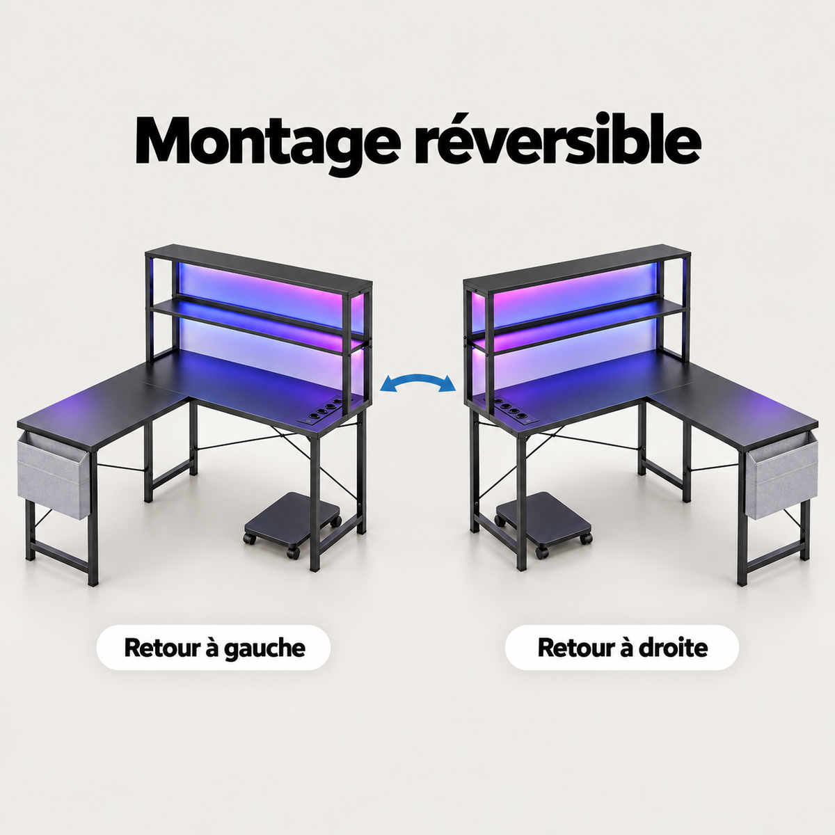 Montage réversible du bureau gaming d'angle avec retour à gauche ou à droite