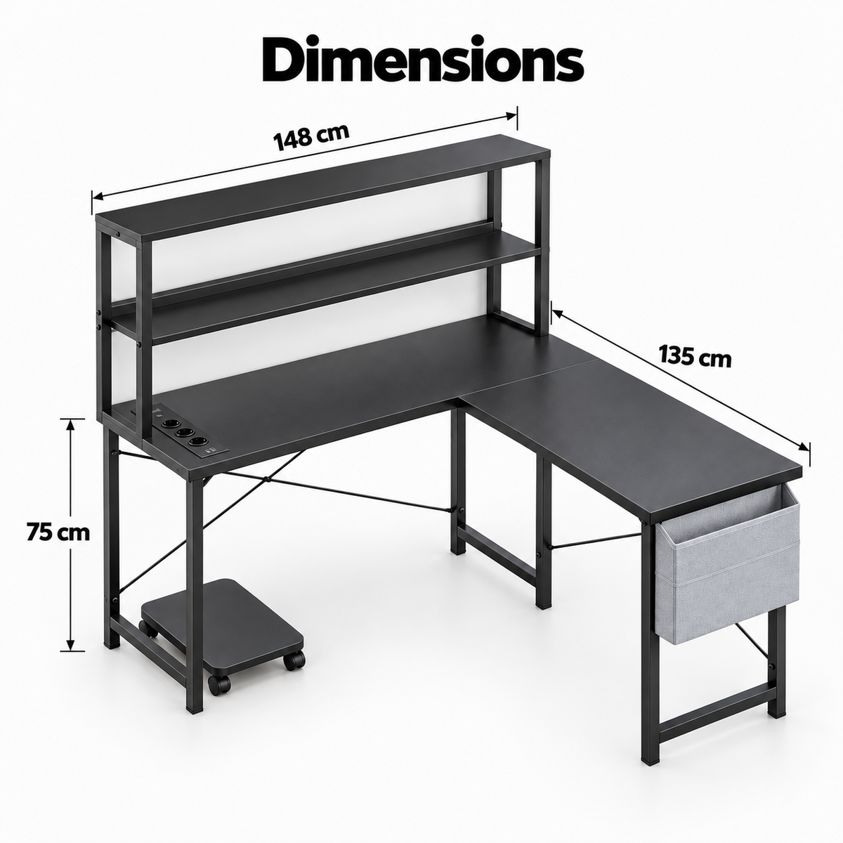 Dimensions du bureau gaming d'angle : 148 x 135 cm, hauteur 75 cm