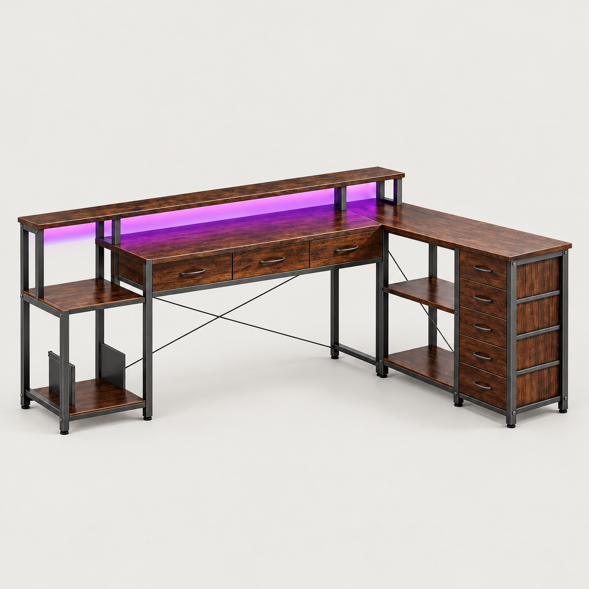 Bureau gaming d'angle 200 cm marron avec 7 tiroirs et LED RGB, vue de trois quarts sur fond gris clair