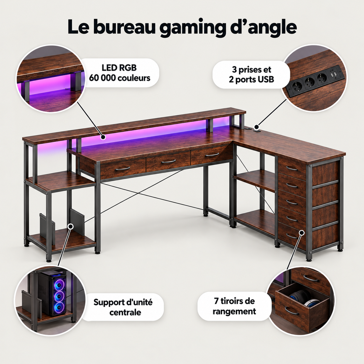 Points forts du bureau gaming d'angle 200 cm : 7 tiroirs, LED RGB 60 000 couleurs, 3 prises et 2 ports USB, support d'unité centrale
