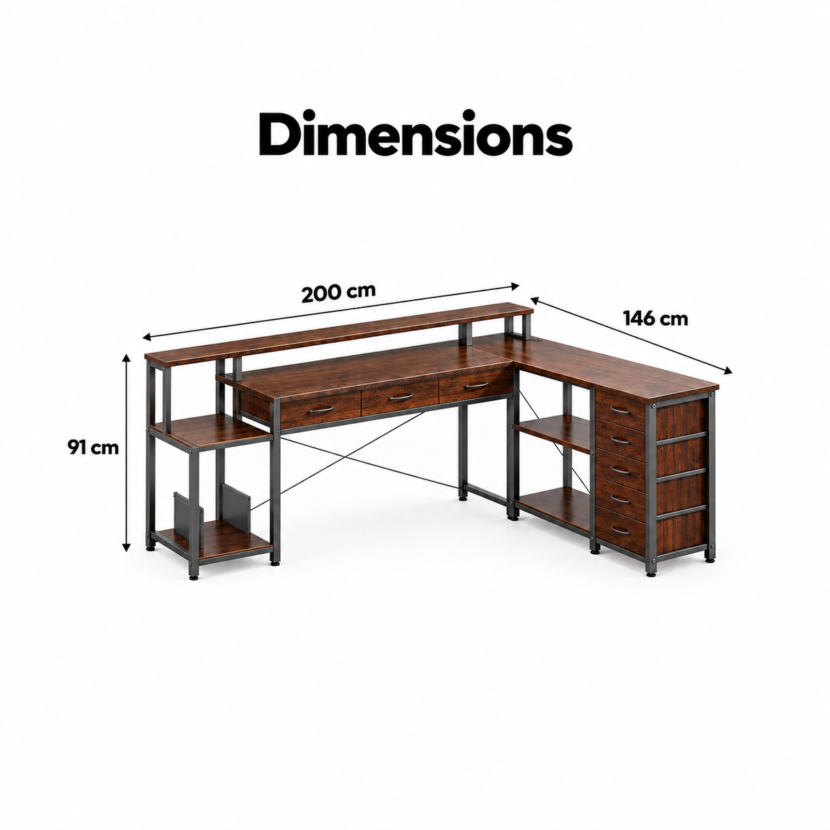 Dimensions du bureau gaming d'angle : 200 x 146 cm, hauteur 91 cm