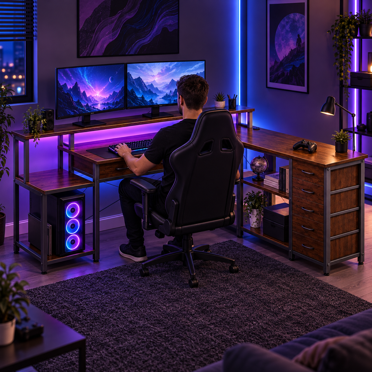 Homme jouant au bureau gaming d'angle 200 cm, vu de dos