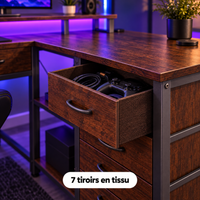 Gros plan sur les tiroirs en tissu du bureau gaming d'angle marron